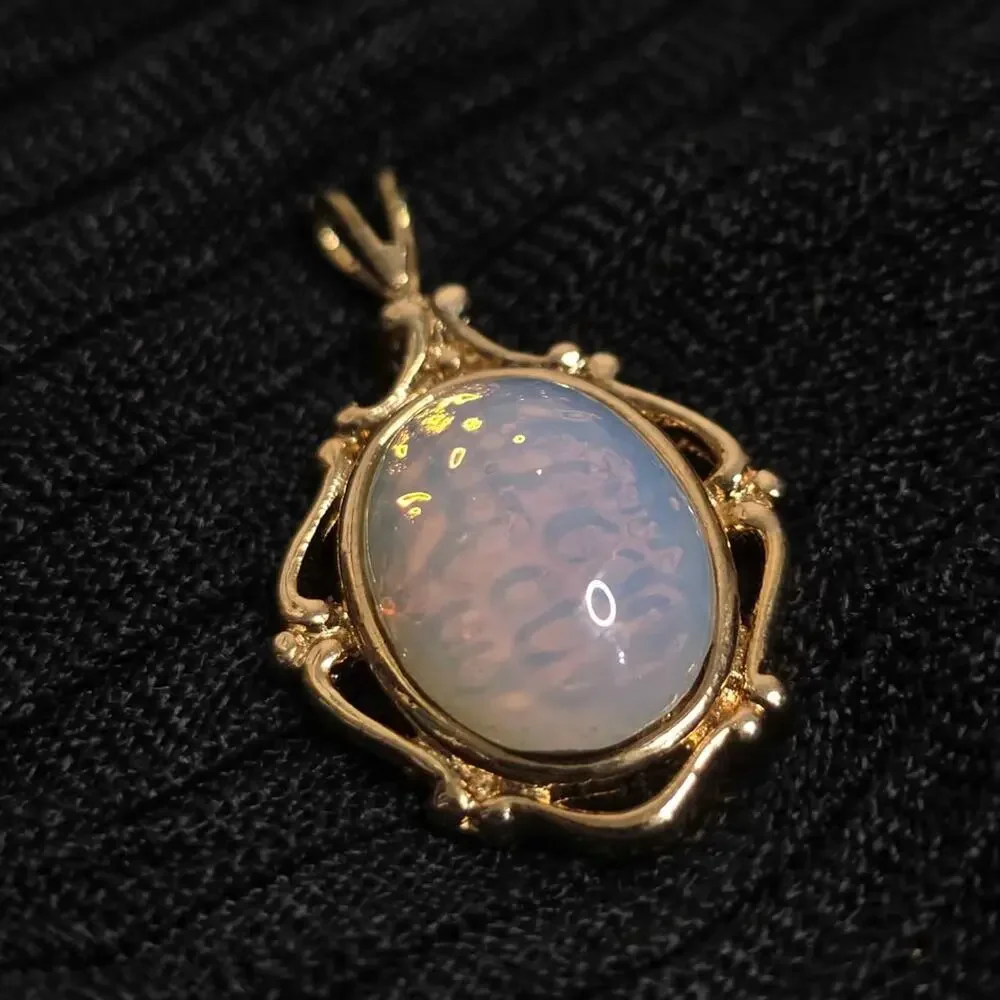 Vintage Faux Opal Pendant Gold Tone Necklace Charm Ethereal Coquette Fairy
